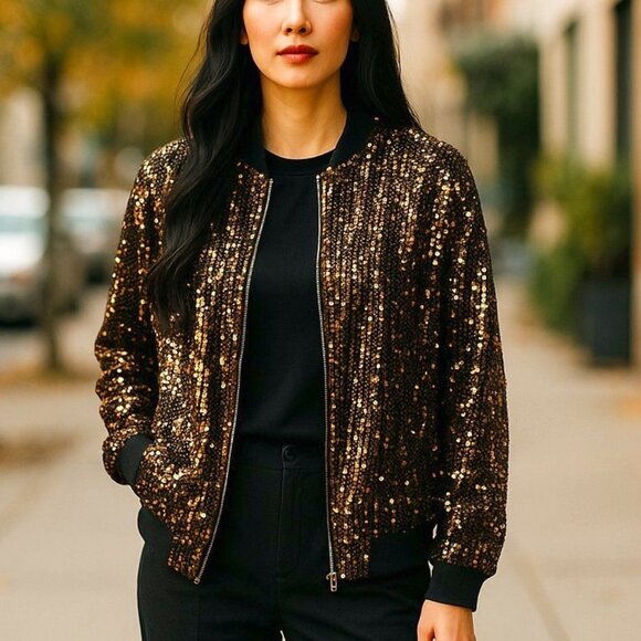 IN'VOLAND Plus Size Sequin Jacket – Black & Gold Sparkle, Full Zip, NEW - Picture 1 of 9